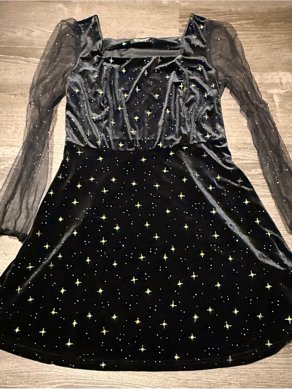 Allegra K | Celestial Velvet Mini Dress | Gold Stars & Sheer Sleeves | Sz M
